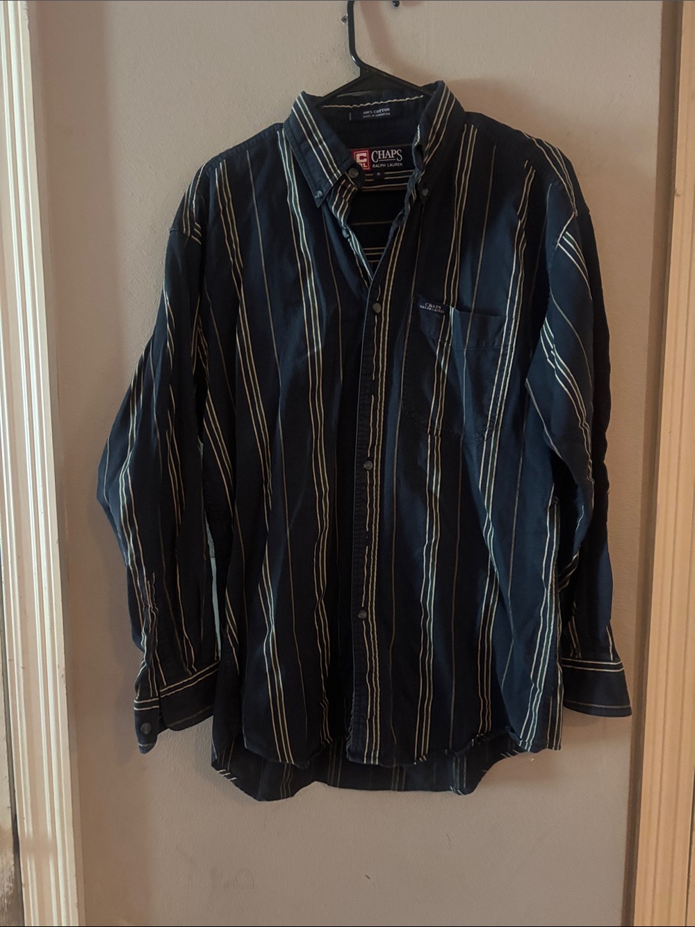 Vintage Chaps Navy and Cream Vertical Stripe Button-Down Shirt